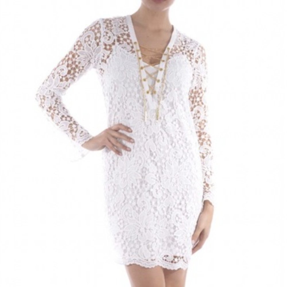 MICHAEL KORS White Lace Tunic Dress Gold Slip XS